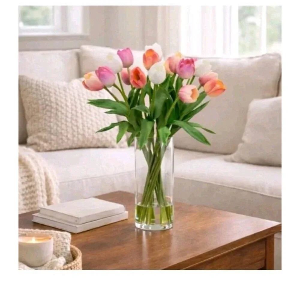 TULIPS FAKE ARTIFICIAL FLOWER FLORAL ARRANGEMENT SILK FLOWERS CERAMIC VASE NEW